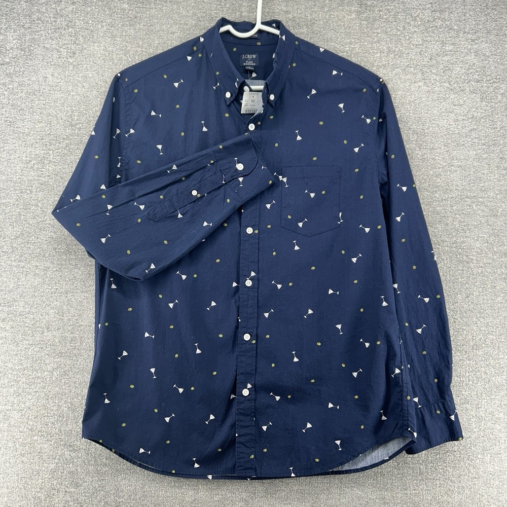 J.Crew Flex Washed Shirt Men Sz Large Blue Martini Glass All over Print New